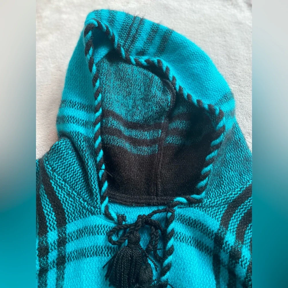 One Size Teal And Black Hooded Poncho